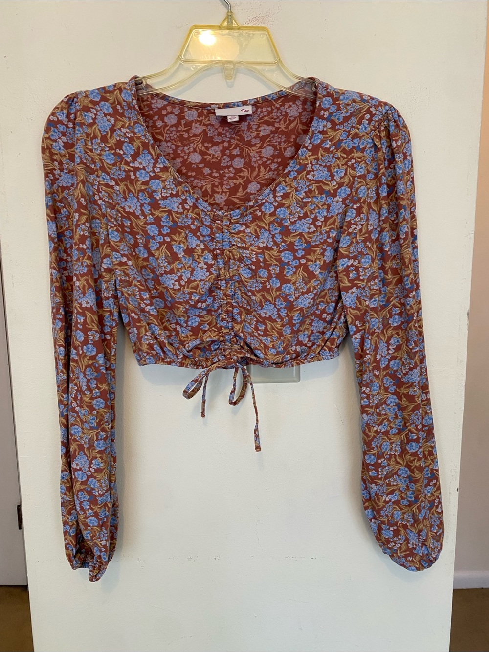 Floral Brown Crop Top Long Sleeve Boho XS Ren Faire Festival Cottagecore Hippie
